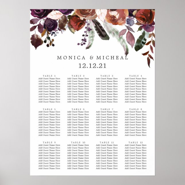 Poster Rustic Plum | Placa de Casamento de Penas de Flor (Frente)