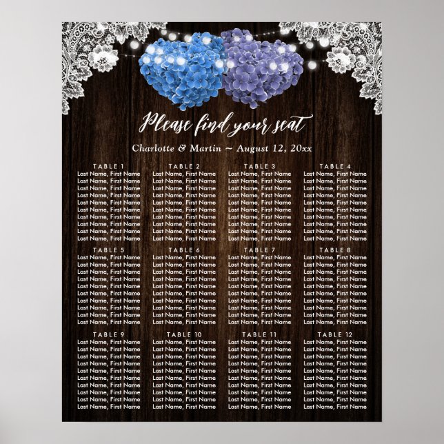 Poster Rustic Purple Blue Floral Wedding Seating Chart 12 (Frente)
