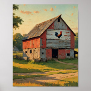 Poster Rustic Red Rooster Barn Digital