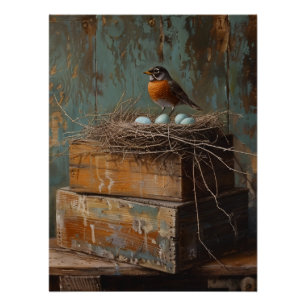 Póster Rustic Robin and Nest Decoupage
