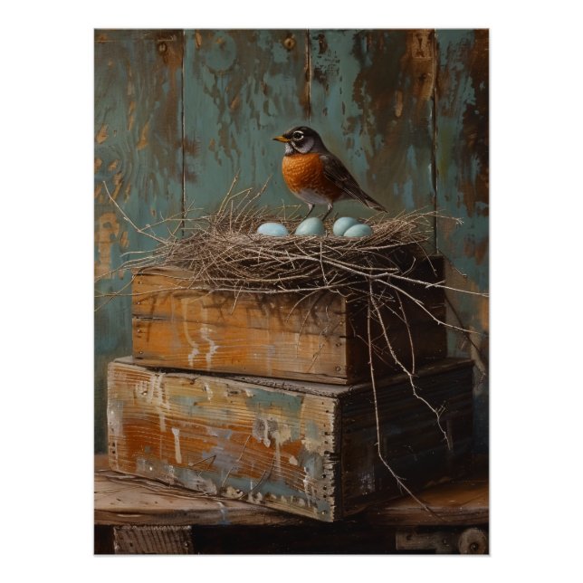 Póster Rustic Robin and Nest Decoupage (Frente)