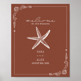 Poster Rustic Starfish Terracotta Beach Wedding Welcome