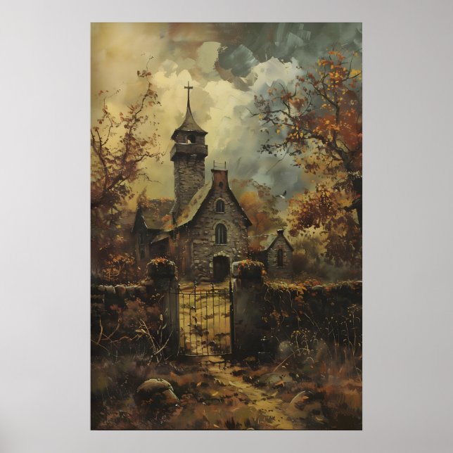 Poster Rustic Stone Gothic Church Art, Vintage Autumn (Frente)