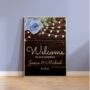 Poster Rustic String Lights Blue Floral Weding Welcome