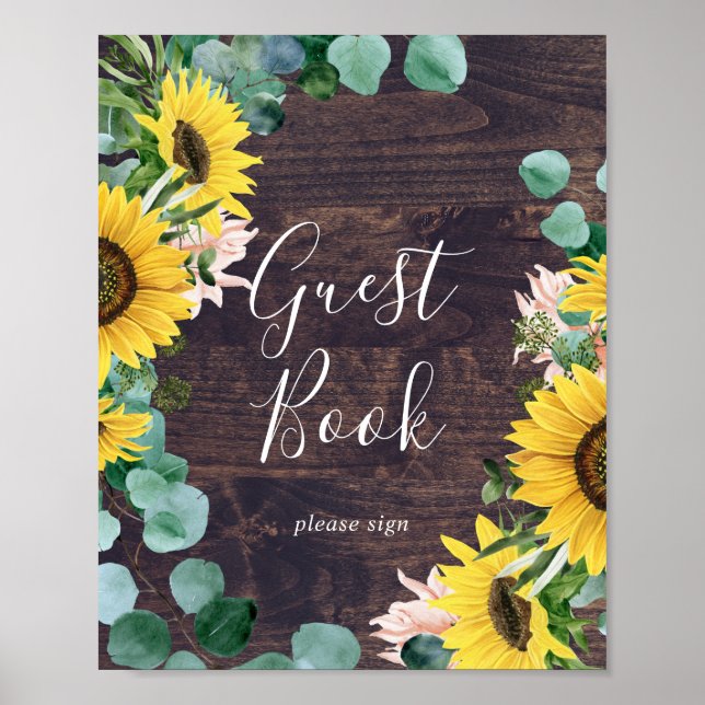 Poster Rustic Sunflower Eucalyptus | Sinal de livro convi (Frente)