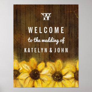 Poster Rustic Sunflower Monograma Bem-vindo ao Casamento