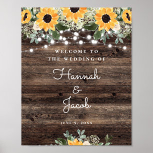 Poster Rustic Sunflower String Light Weding Welcome