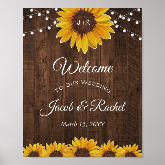 Poster Rustic Sunflower String Luzes Bem-Vindo Casamento (Frente)
