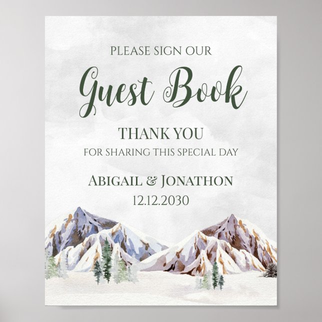 Poster Rustic Winter Mountain Wedding Guest Book Sign (Frente)