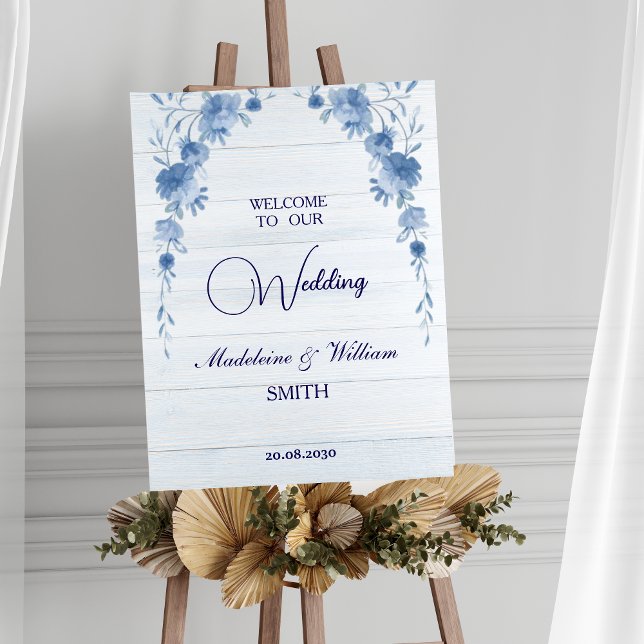 Poster Rustic Wood Blue Floral Wedding Welcome Sign (Criador carregado)