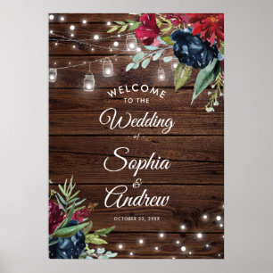 Poster Rustic Wood Burgundy Floral Lights Casamento Bem-v