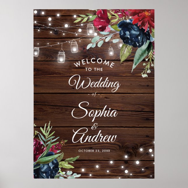 Poster Rustic Wood Burgundy Floral Lights Casamento Bem-v (Frente)