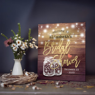 Póster Rustic Wood Mason Jar Lights Bridal Shower Welcome