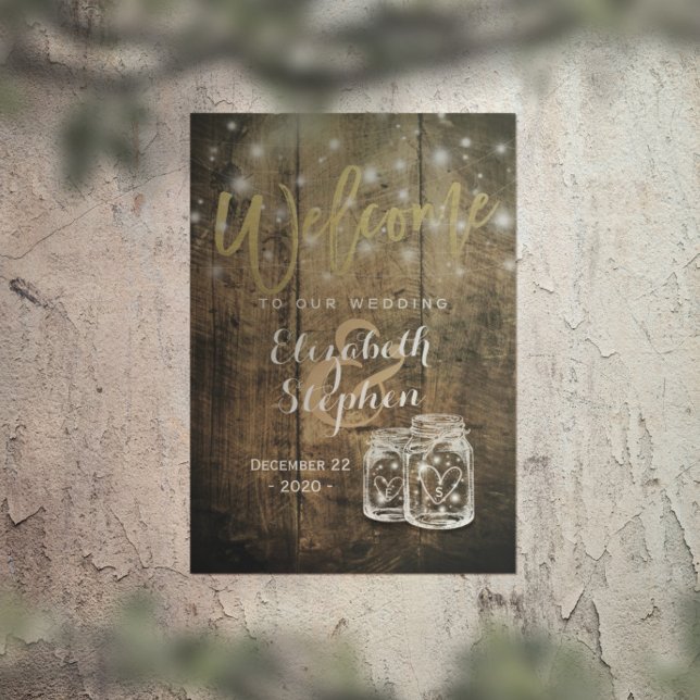 Poster Rustic Wood Mason Jar String Light Casamento Bem-V (Criador carregado)