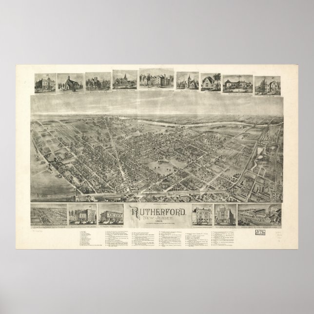 Póster Rutherford 1904, NJ Birds Eye Ver Mapa Panorâmico (Frente)