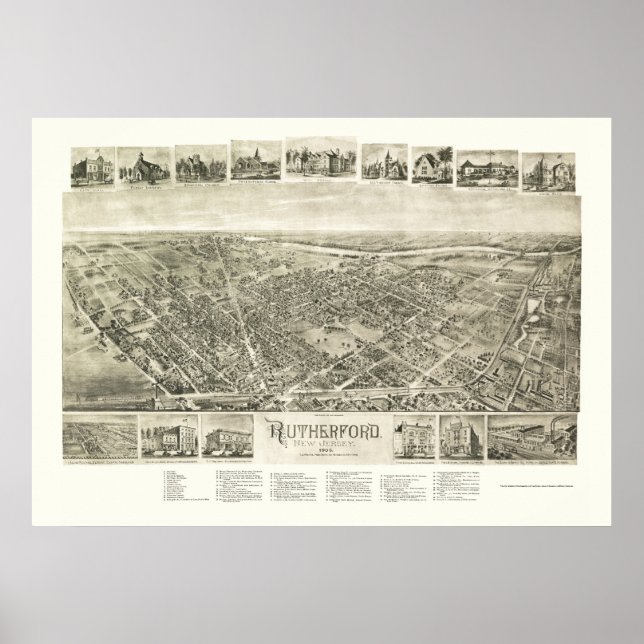 Poster Rutherford, Mapa Panorâmico do NJ - 1904 (Frente)