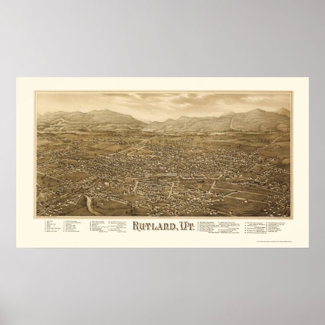 Póster Rutland, Mapa Panorâmico VT - 1885 (Frente)