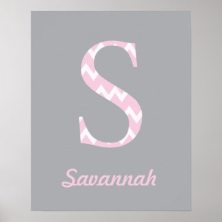 Póster S" Personalizado Chevron Cor-de-Rosa Nome do Bebê
