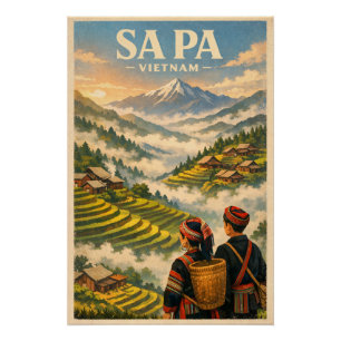 Póster Sa Pa cidade, Vietnã, em um clássico retrô