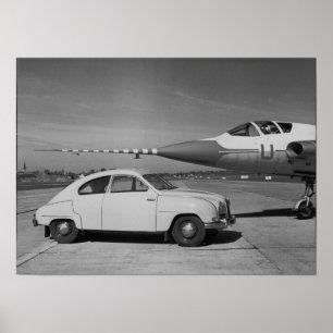 Poster Saab 93b Vintage 1958 Foto Preto e Branco 