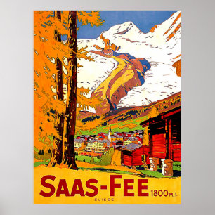 Poster Saas - Taxa, aldeia em Suiça, viagens vintage