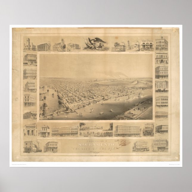 Póster Sacramento, CA. Mapa Panorâmico 1857 (0066A) (Frente)
