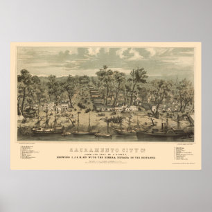 Poster Sacramento, Mapa Panorâmico da CA - 1850