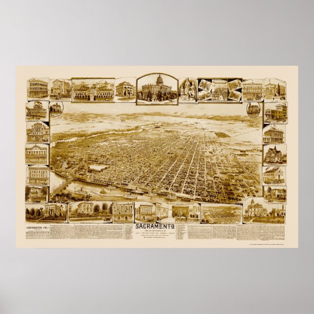 Poster Sacramento, Mapa Panorâmico da CA - década de 1890 (Frente)