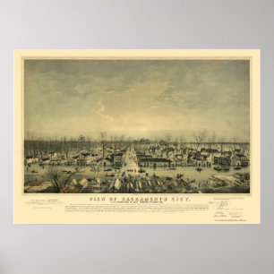 Póster Sacramento, mapa panorâmico de CA - 1850