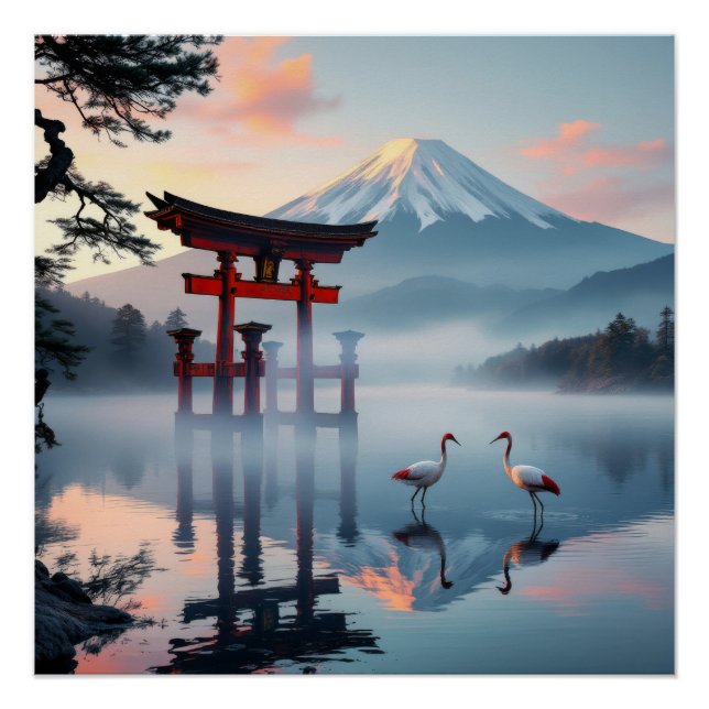 Póster Sacred Dance: Red Crown Cranes at Fuji's Gate (Frente)