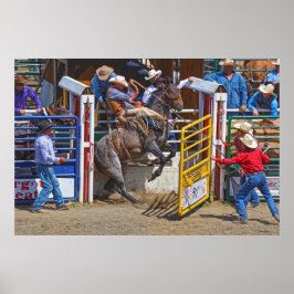 Poster Saddle Bronc Breaking Out of Rodeo Chute w Cowboy