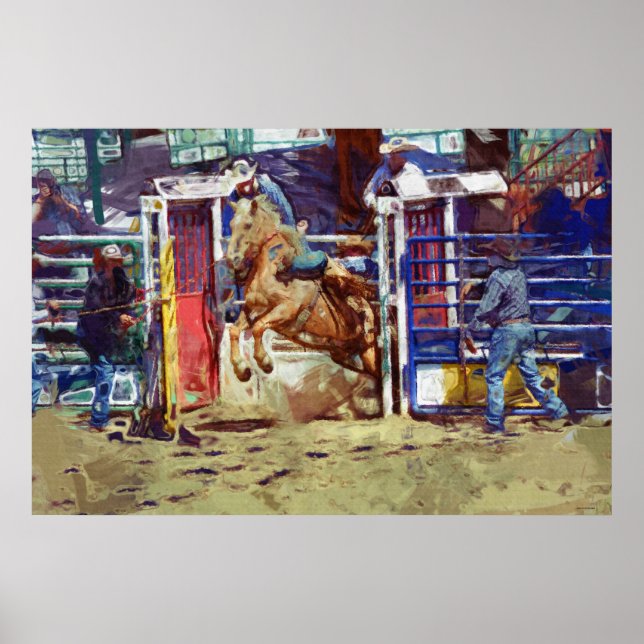 Poster Saddle Bronc Breaking Out of Rodeo Chute w Cowboy (Frente)