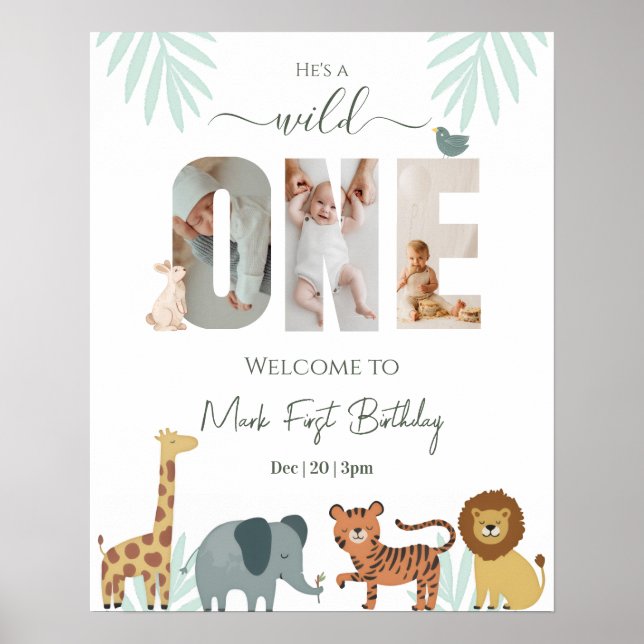 Poster Safari Animal Boy 1st Birthday Welcome Sign (Frente)