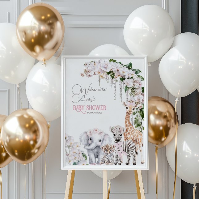 Poster Safari Animal Tropical Flor, Chá de fraldas Rosa (Criador carregado)