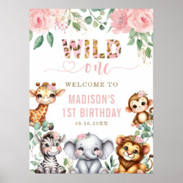 Poster Safari Animal Wild One Floral primeiro aniversario