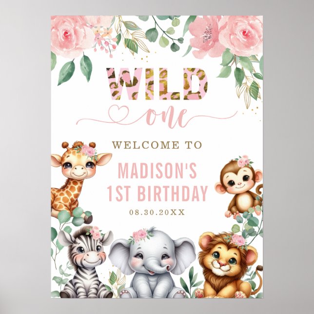 Poster Safari Animal Wild One Floral primeiro aniversario (Frente)