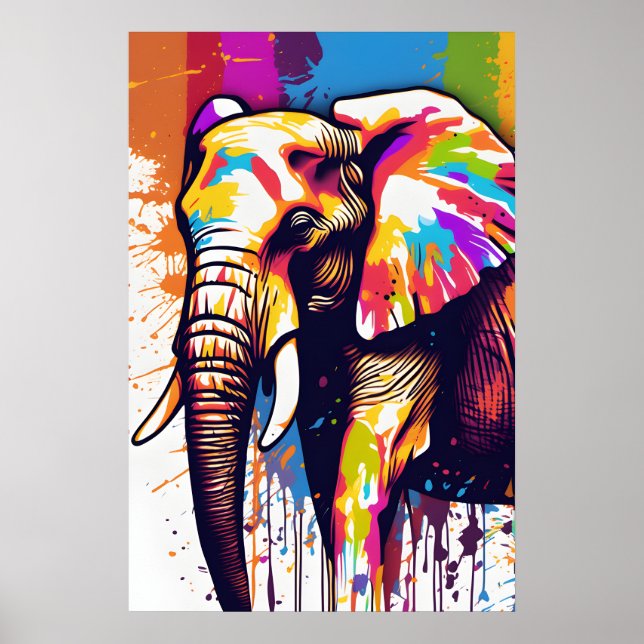 Poster Safari Elephant Art, Rainbow Paint Splatter Wall (Frente)