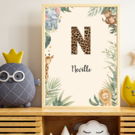 Poster Safari Selva Nome Personalizado Monograma N Berçár