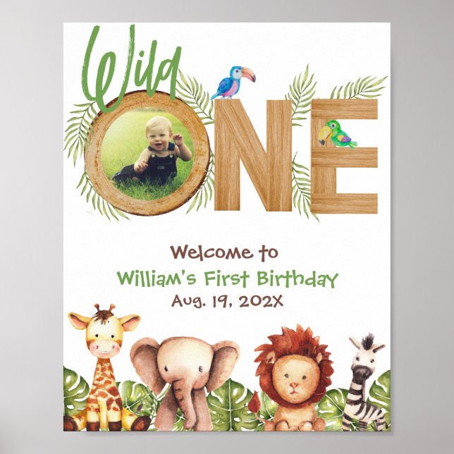 Poster Safari Wild One Photo Wood Primeiro Aniversário Be (Frente)