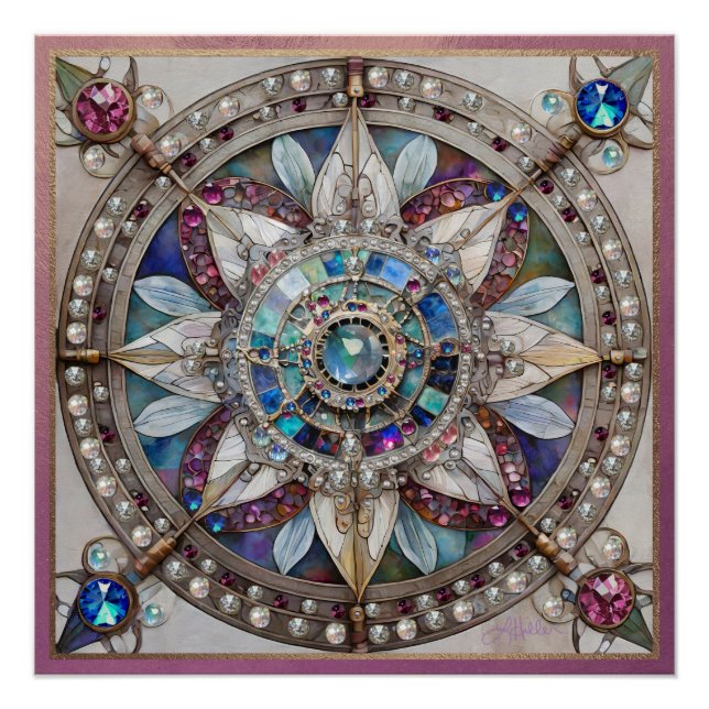 Póster Safiras Rosa e Azul Diamantes Pérolas Mandala (Frente)