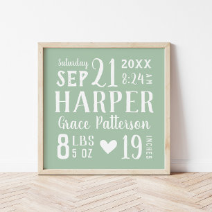 Poster Sage Baby Name and Birth Stats Cores editáveis