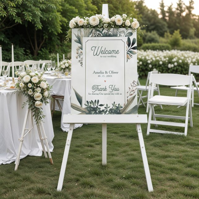 Poster Sage Botânico Verde Folhagem Verde Bem-vindo ao Ca (Botanical Greenery Wedding Welcome Sign | Sage Green Garden Wedding Welcome Poster)