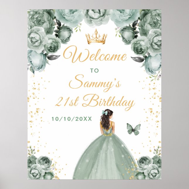 Poster Sage Brunette Hair Princess Birthday Bem-vindo (Frente)