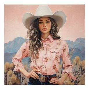 Póster Sage em Coral: Arte de Muro de Cowgirl