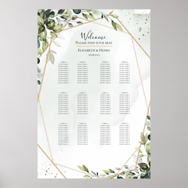 Poster Sage gold eucalyptus boho wedding seating chart (Frente)
