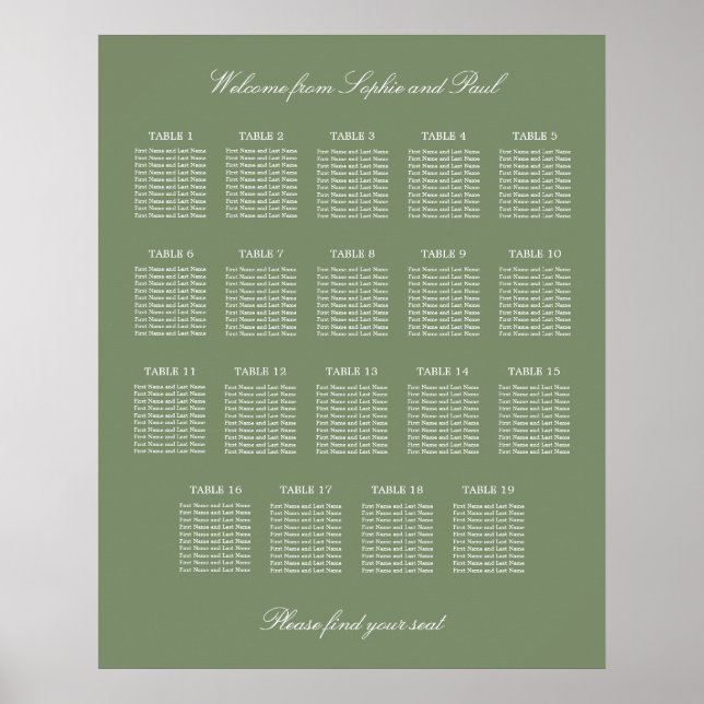 Poster Sage Green 19 Gráfico de Mesa de Casamento de Casa (Frente)