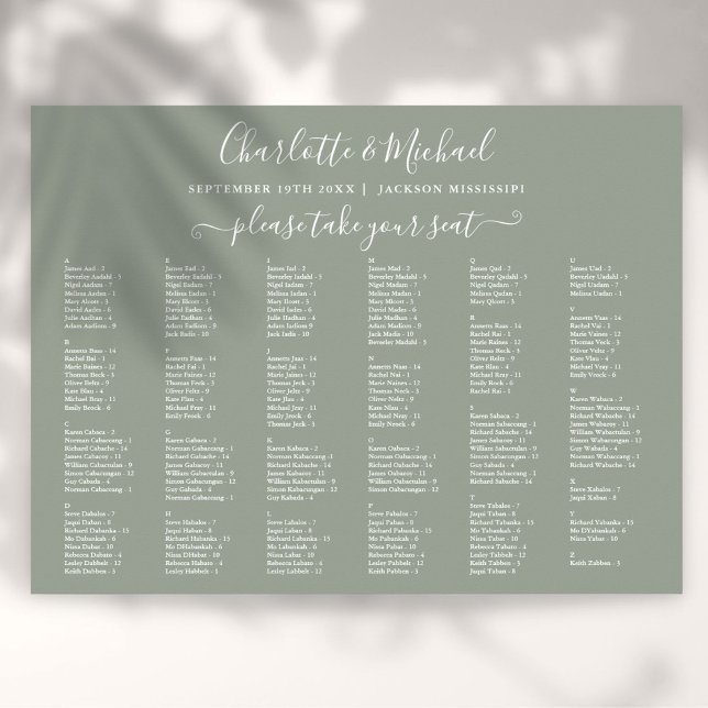 Poster Sage Green 200 Nomes Gráfico de Casamento (Sage Green 200 Names Wedding Seating Chart)
