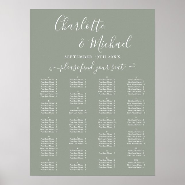 Poster Sage Green Alphabetical Wedding Seating Chart (Frente)