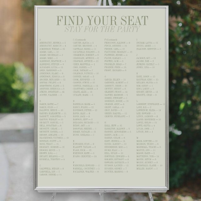 Poster Sage Green Alphabetical Wedding Seating Chart (Sage Green Alphabetical Wedding Seating Chart
)