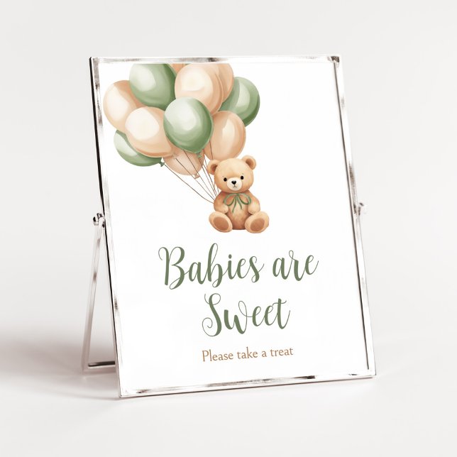 Poster Sage Green Bear Balloon Bebês são doces (Green Boho Bear Baby Shower Babies are Sweet Sign)